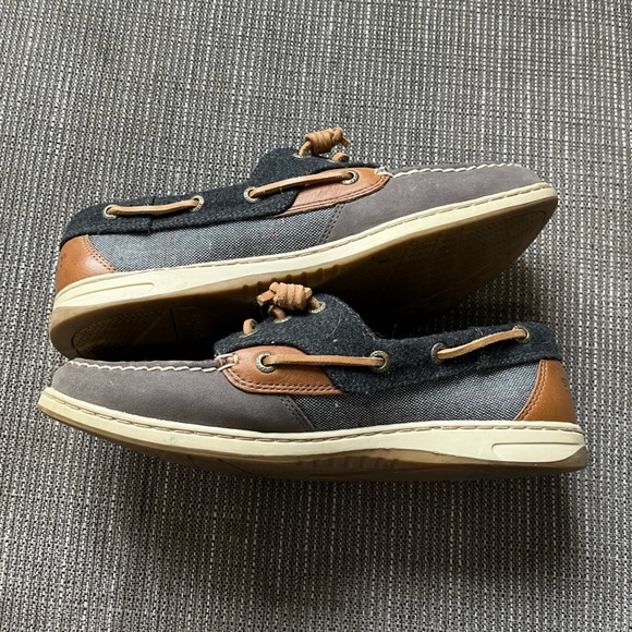 Sperry | Tan Leather Denim Fabric & Gray Suede Boat Shoe - Picture 8 of 9